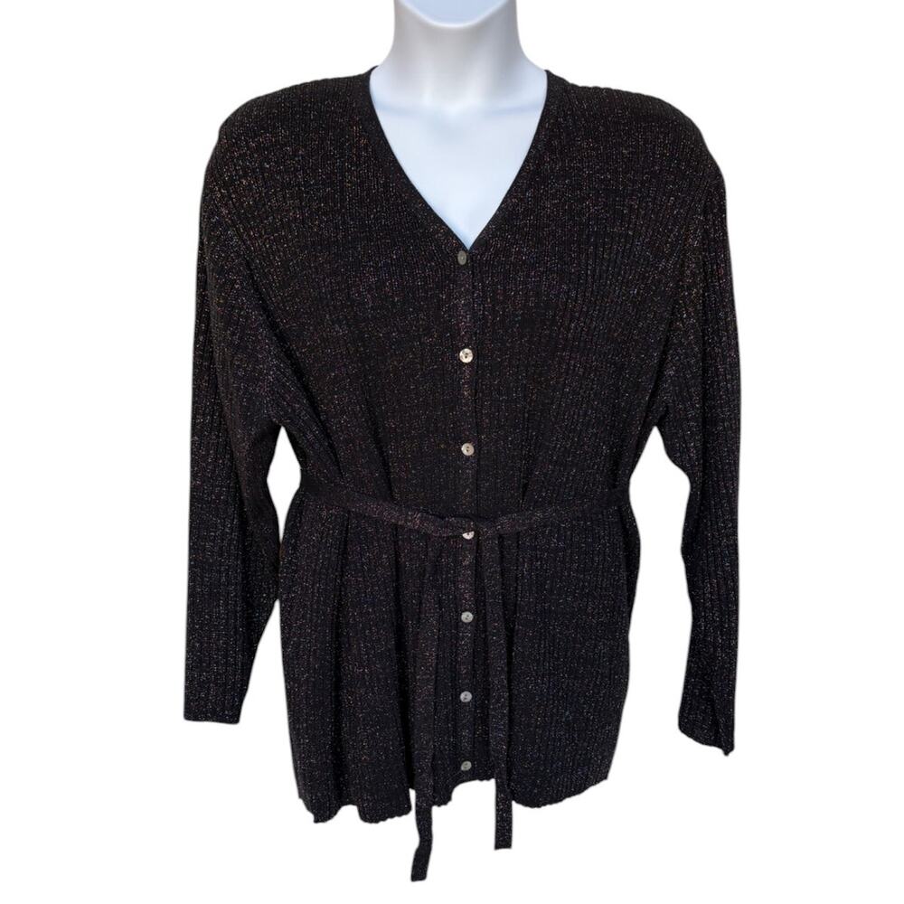 Karen Scott II Black Cardigan with Rainbow Metallic Threads and Belt size 3X